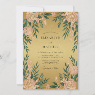 Convites Casamento Caprichoso Floral Dourado Pêssego
