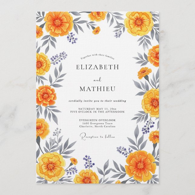 Convites Casamento Caprichoso Floral Laranja (Frente)