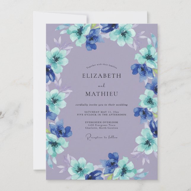 Convites Casamento Caprichoso Floral Lavanda Azul (Frente)