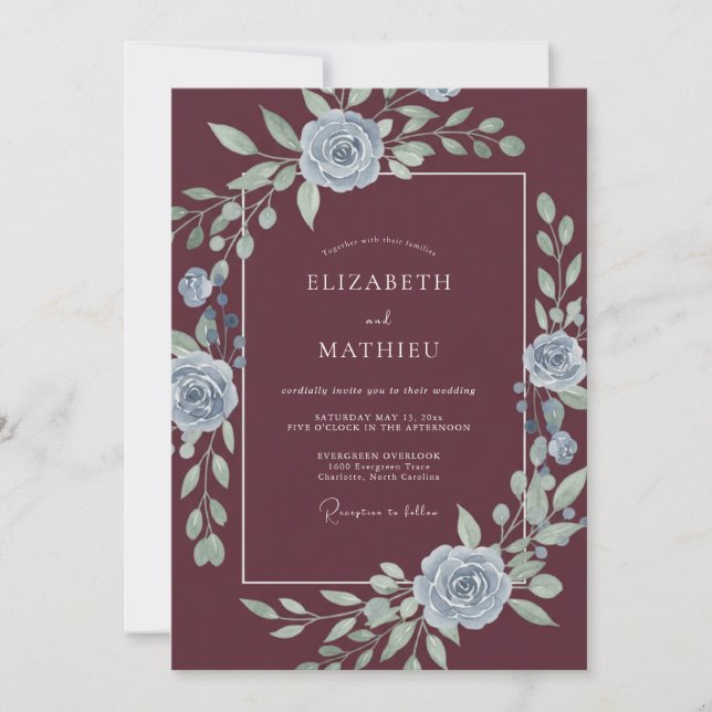 Convites Casamento Caprichoso Floral Macio Borgonha (Frente)