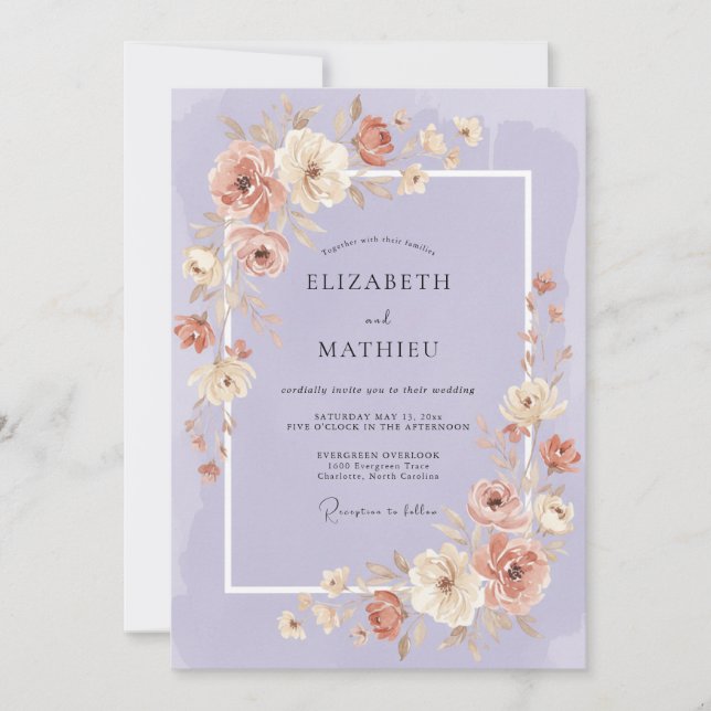 Convites Casamento Caprichoso Floral Malva (Frente)