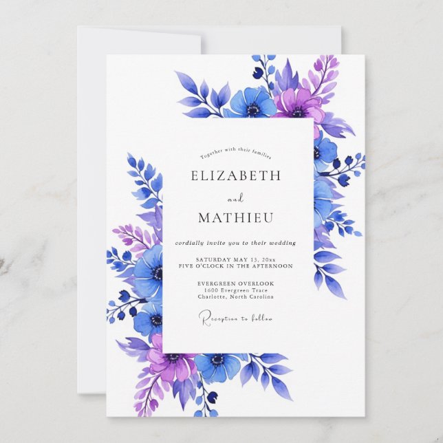 Convites Casamento Caprichoso Floral Roxo Azul (Frente)