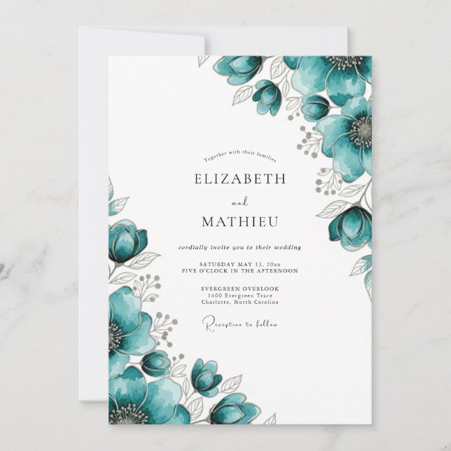 Convites Casamento Caprichoso Floral Turquesa (Frente)