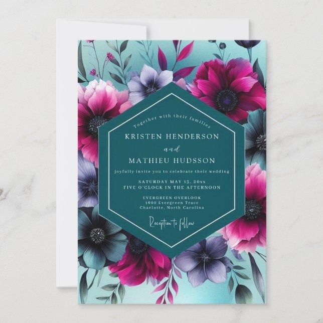 Convites Casamento Caprichoso Floral Turquesa (Frente)