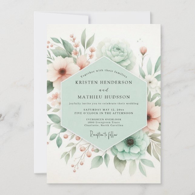 Convites Casamento Caprichoso Floral Verde Menta (Frente)