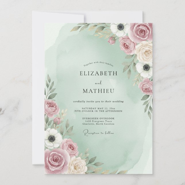 Convites Casamento Caprichoso Pintado Rosa Hortelã (Frente)