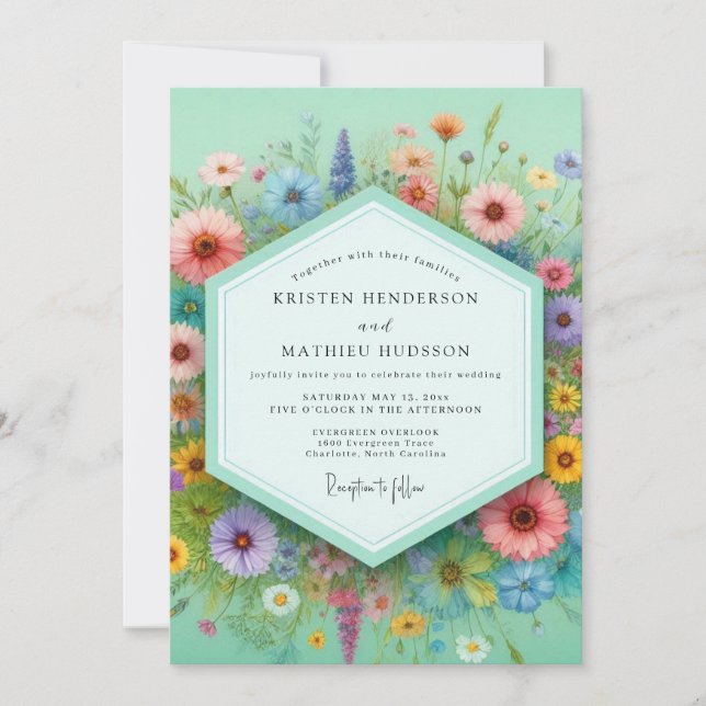 Convites Casamento Caprichoso Prado Floral Menta (Frente)