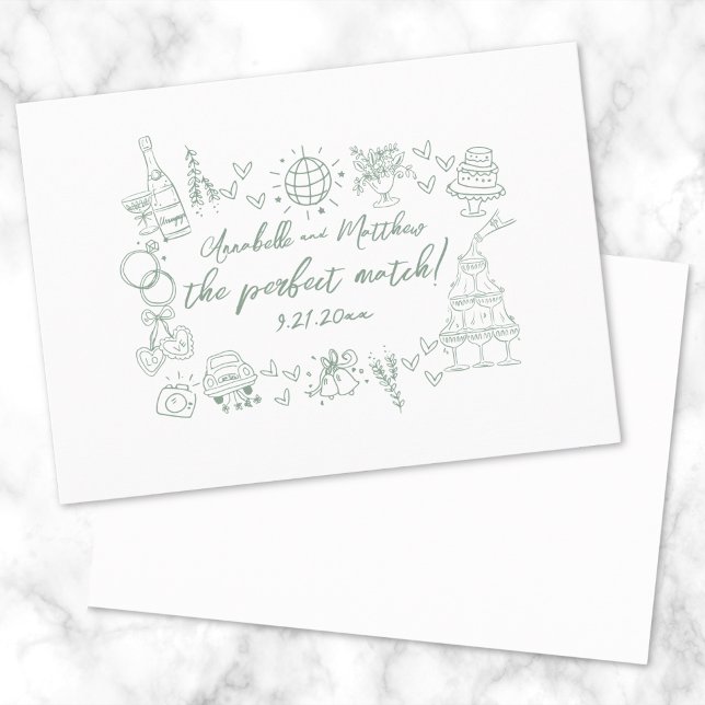 Convites Casamento Caprichoso Verde Correspondência Perfeit (Hand Drawn Perfect Match Green Whimsical Wedding Invitation)