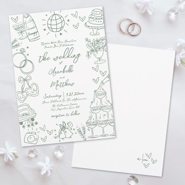 Convites Casamento Caprichoso Verde Desenhado à Mão (Hand Drawn Green Whimsical Wedding Invitation)