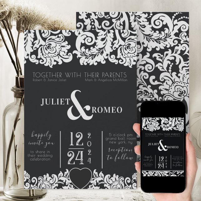 Convites Casamento Cardíaco de Damasco Floral Branco e Pret (modern black and white elegant wedding invitation with beautiful floral damask)