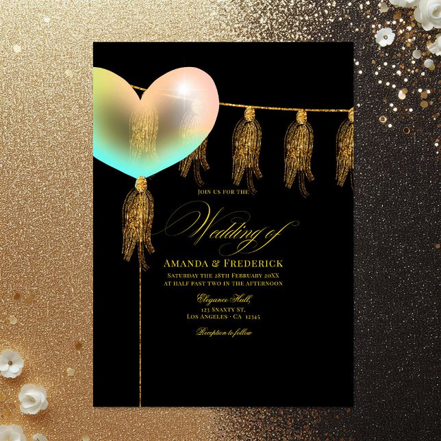Convites Casamento Cardíaco Dourado e Iridescente (Black and Gold Iridescent Heart Wedding Invitation)