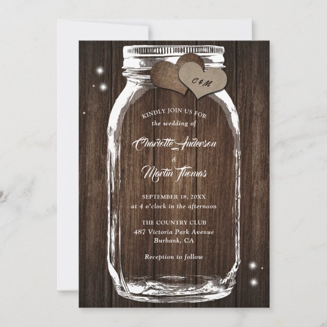 Convites Casamento Cardíaco Mason Jar Rustic Country Wood B (Frente)