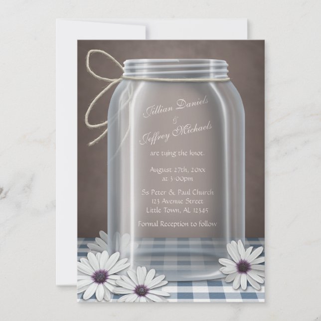 Convites Casamento Castanho Azul Daisy Mason Jar Daisy (Frente)