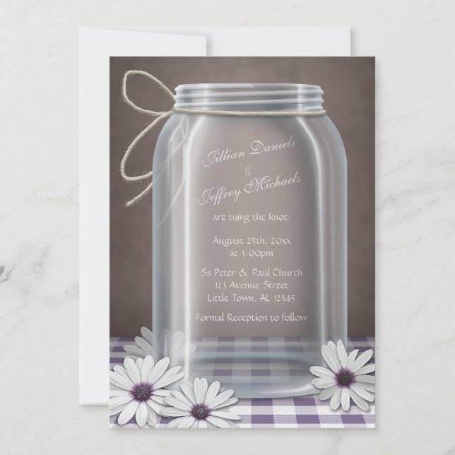Convites Casamento Castanho Roxo Mason Jar Daisy (Frente)