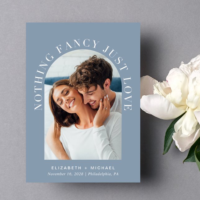 Convites Casamento Casual Azul Dusty Foto de Arch Elegante (Celebrate your love story with an invitation showcasing your favorite photo in an elegant arch frame)