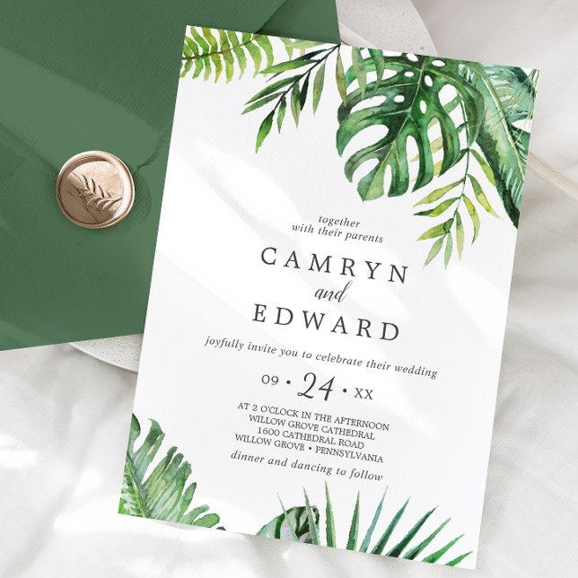 Convites Casamento Casual com Palmeira Tropical Selvagem (Wild Tropical Palm Casual Wedding Invitation)