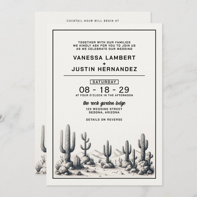 Convites Casamento Casual de Cactus com Código QR e Detalhe (Frente/Verso)