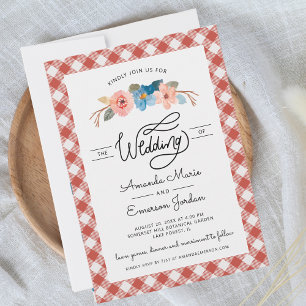 Convites Casamento Casual De Watercolor Floral Red Check