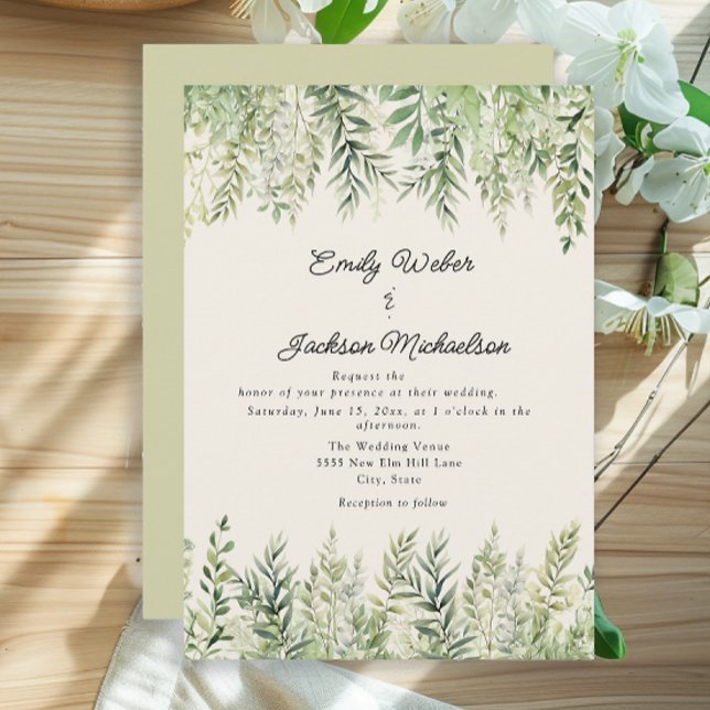 Convites Casamento Casual Folhas Verdes Aquarela (Elegant greenery wedding invitation)