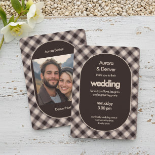 Convites Casamento Casual Foto Xadrez Marrom Retro
