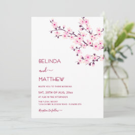 Convites Casamento Casual Rosa e Branco de Flores de Cereje