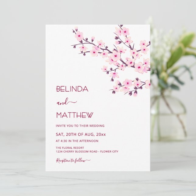 Convites Casamento Casual Rosa e Branco de Flores de Cereje (Em pé/Frente)