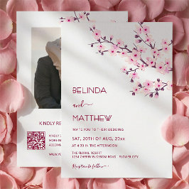 Convites Casamento Casual Rosa e Branco de Flores de Cereje