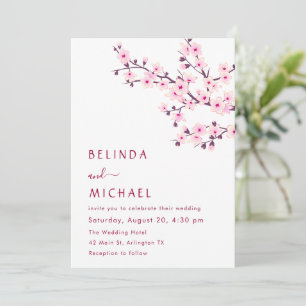 Convites Casamento Casual Rosa e Branco de Flores de Cereje