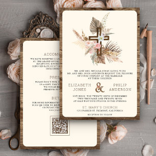 Convites Casamento Católico Boho Pampas Cruz de Madeira Tud