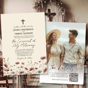 Convites Casamento Católico Boho Wildflower Foto & QR Code