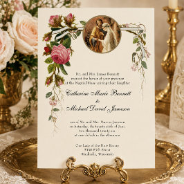Convites Casamento Católico Clássico Elegante Marfim Rosas