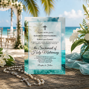 Convites Casamento Católico com Aquarela de Praia Tropical