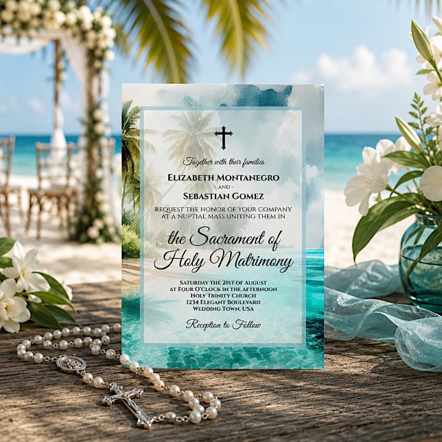 Convites Casamento Católico com Aquarela de Praia Tropical  (Criador carregado)