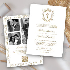 Convites Casamento Católico com Código QR Branco e Dourado 