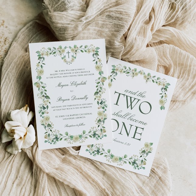 Convites Casamento Católico Crest com Aquarela Branca (Dainty Catholic wedding invitation with white flowers and greenery and Bible verse)