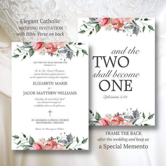 Convites Casamento Católico das Flores Rosa Elizabeth Elega (Elegant, pink, floral Catholic wedding invitation with Bible verse on back)