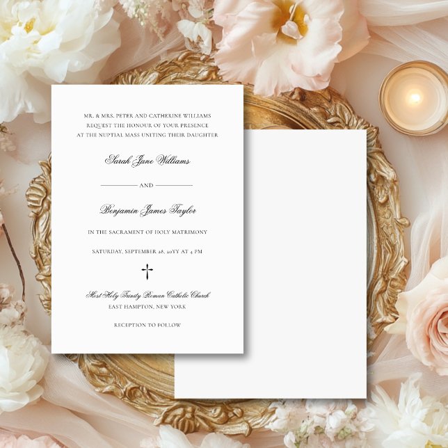 Convites Casamento Católico de Sarah Elegant Black & White (This elegant wedding invite has been designed for a Catholic nuptial Mass.)