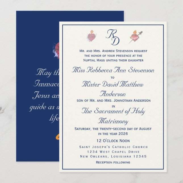 Convites Casamento Católico Dos Dois Corações Azul-Marinho (Frente/Verso)
