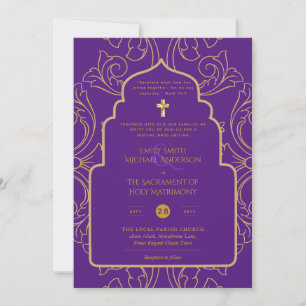 Convites Casamento Católico Dourado Elegante All-in-1 Roxo