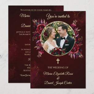 Convites Casamento Católico Floral Borgonha com Foto