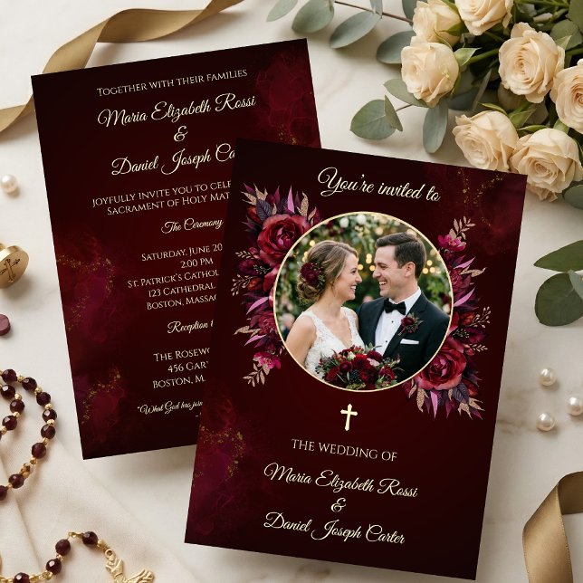 Convites Casamento Católico Floral Borgonha com Foto (Burgundy Floral Catholic Wedding with Photo Invitation)
