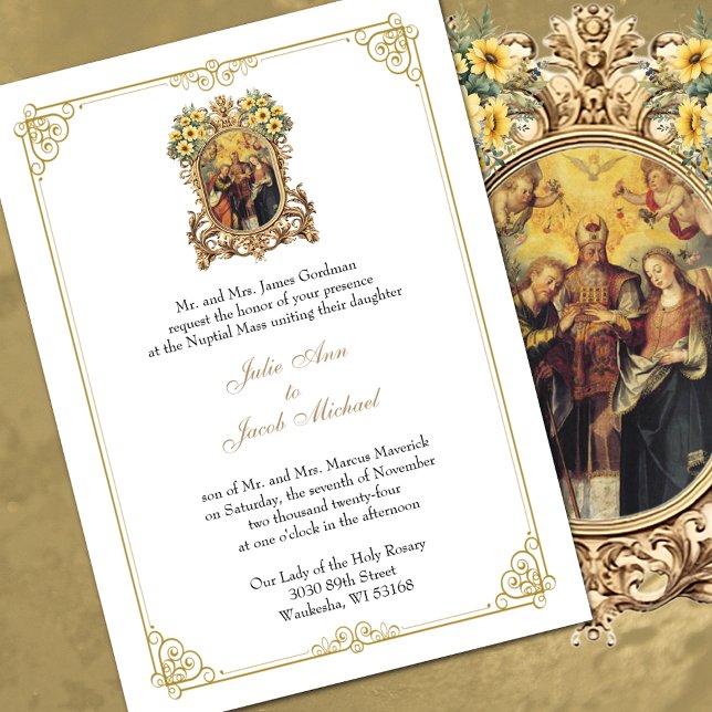 Convites Casamento Católico Floral e Dourado Elegante (Elegant Catholic Wedding Invitations - FREE SHIPPING available at checkout. )