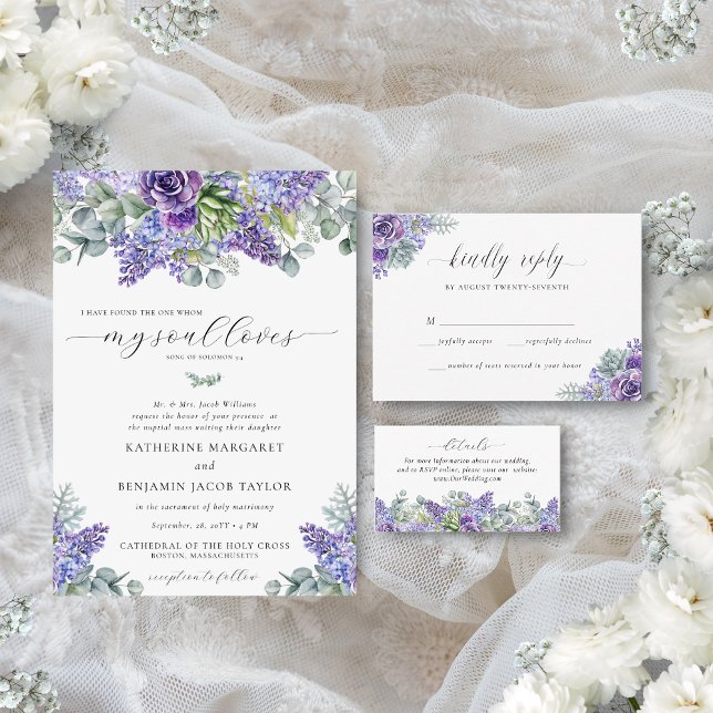 Convites Casamento Católico Floral Tradicional de Katherine (Catholic nuptial mass wedding invitation with purple florals and succulents and eucalyptus greenery)