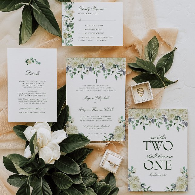 Convites Casamento Católico Megan White Roses & Greenery (Megan white floral Catholic wedding invitation with elegant greenery.)