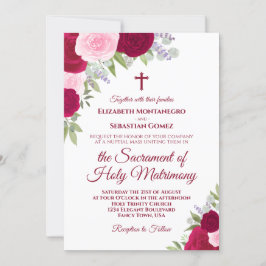 Convites Casamento Católico Moderno com Rosas Magenta e Ros