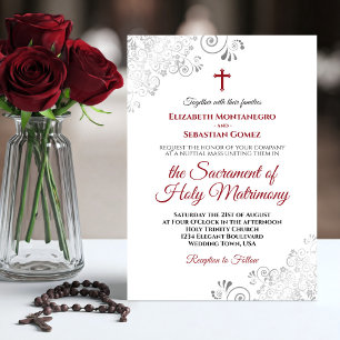 Convites Casamento Católico Moderno da Crimson Red & Cinza