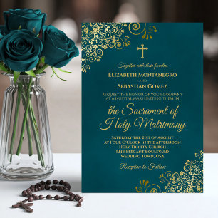 Convites Casamento Católico Moderno Elegante em Azul Turque