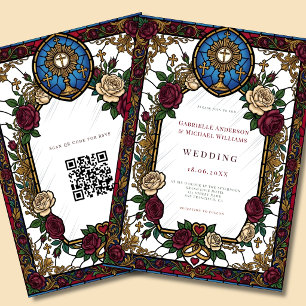 Convites Casamento Católico QR em Vidro Colorido Rosa Borgo