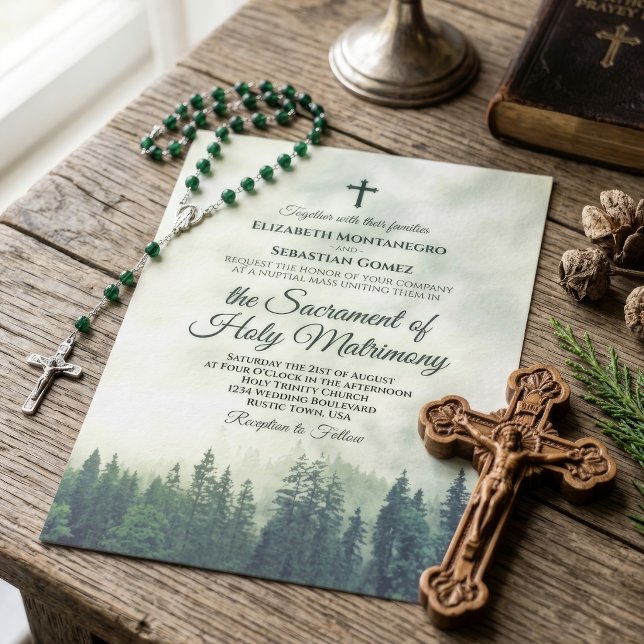 Convites Casamento Católico Rústico em Montanha Verde Nebul (Criador carregado)