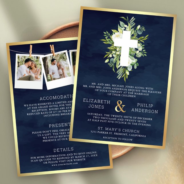 Convites Casamento Católico Tudo em Um Greenery Cross Navy (Criador carregado)